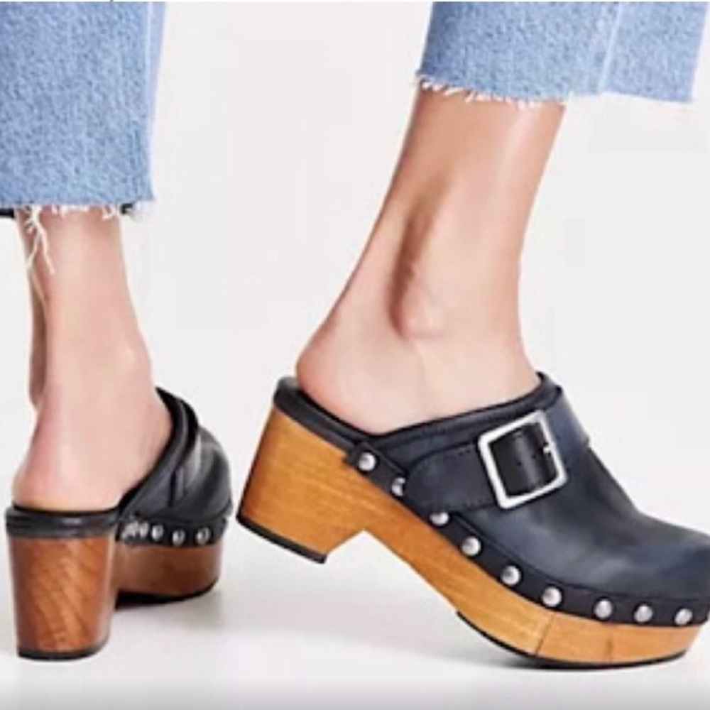 Free People Black Leather Mules with Wooden Heel